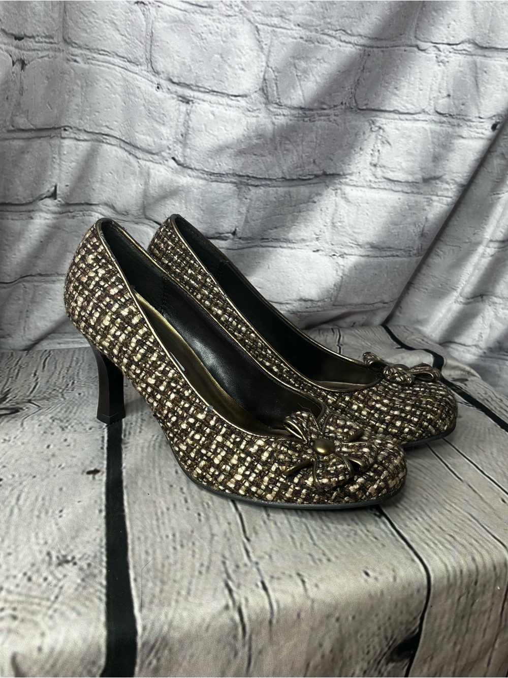 VTG Y2K Nancy Drew Corpcore Tweed Dark‎ Academia Grandmacore Flare Heel Pumps 7